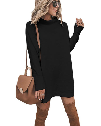 Mock Neck Drop Shoulder Rib Knit Oversized Mini Sweater Dress