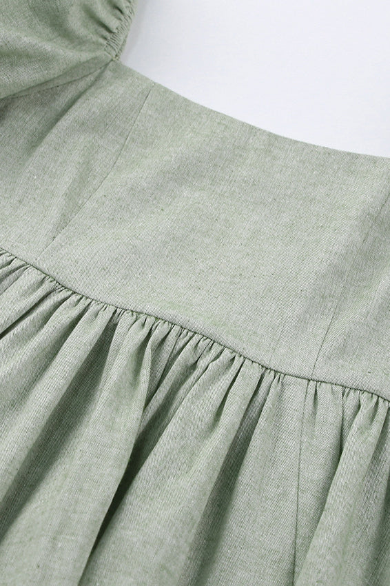 Green Square Neck Puff Sleeve Linen Babydoll Mini Dress 2