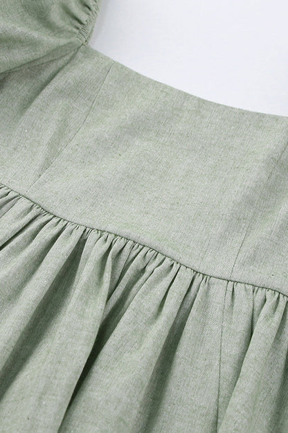 Green Square Neck Puff Sleeve Linen Babydoll Mini Dress 2