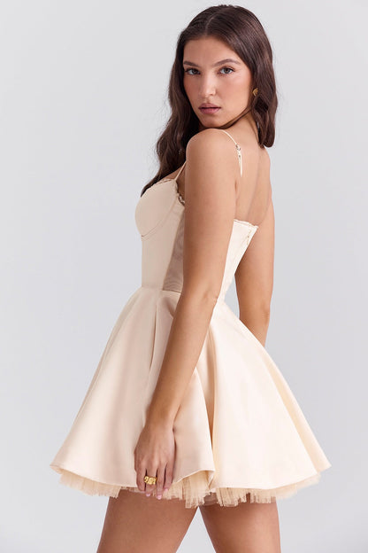 Sweetheart Lace Trim Tulle Overlay Satin Mini Dress