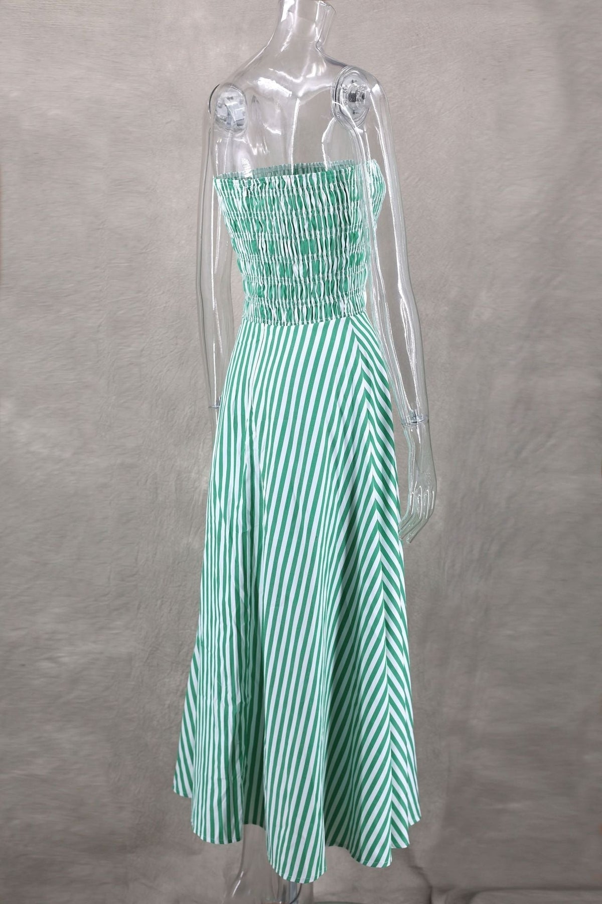 Strapless Shirred Striped Flowy Maxi Dress