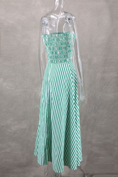 Strapless Shirred Striped Flowy Maxi Dress