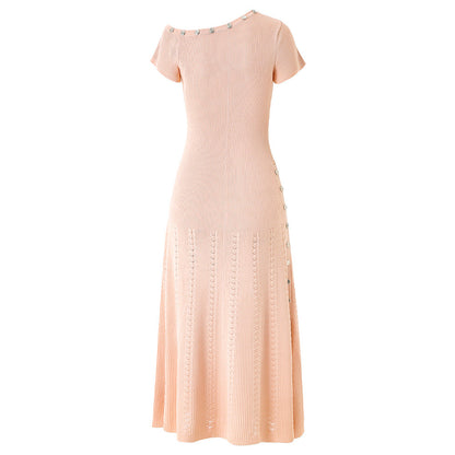 One-Shoulder Button Detail Rib Knit Pointelle Side Slit Maxi Dress