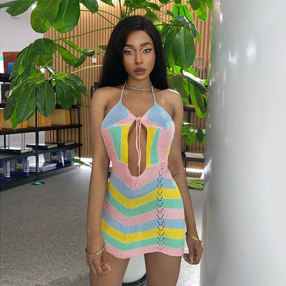 Knit Crochet Halter Neck Keyhole Cut Out Striped Bodycon Mini Dress