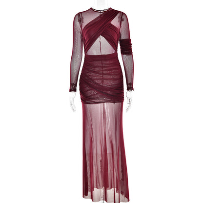 Crew Neck Sheer Mesh Ruched Cutout Overlay Maxi Dress