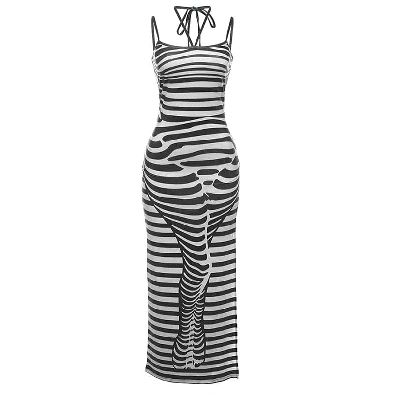 Striped Halter Tie Spaghetti Strap Bodycon Maxi Dress