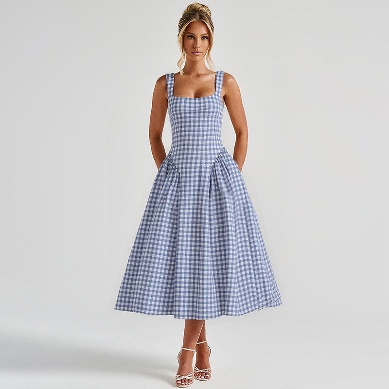 Adalae Plaid Backless Midi Dress