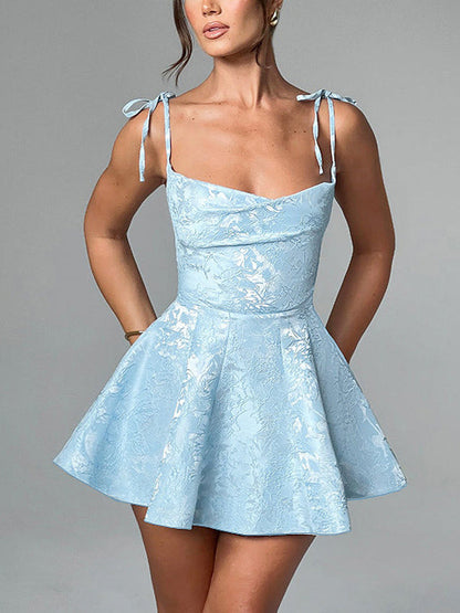 Floral Jacquard Tie Strap Cowl Neck Fit And Flare Mini Dress