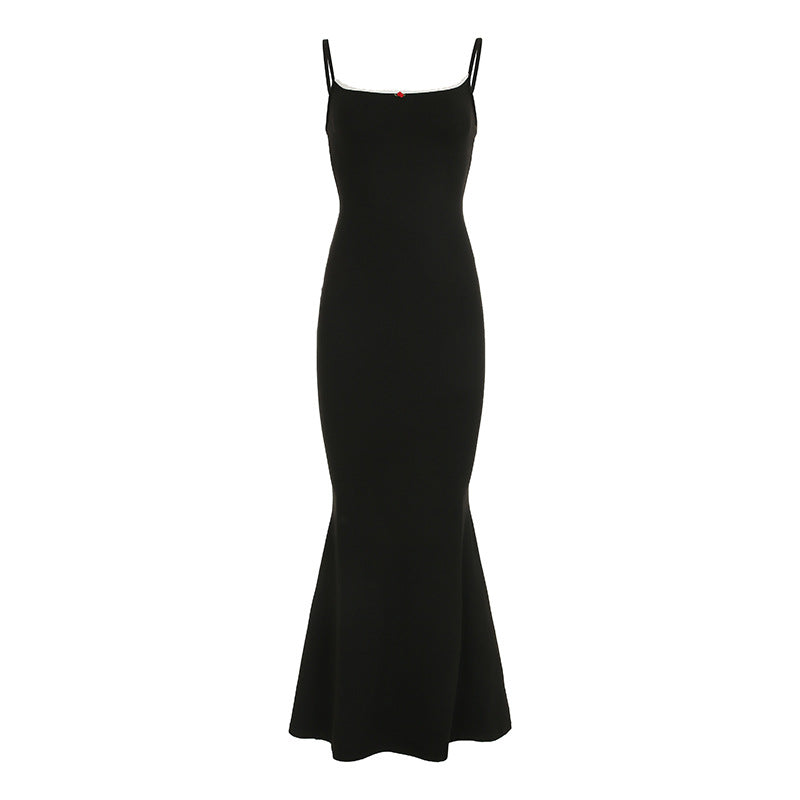 Spaghetti Strap Contrast Trim Heart Charm Mermaid Bodycon Maxi Dress