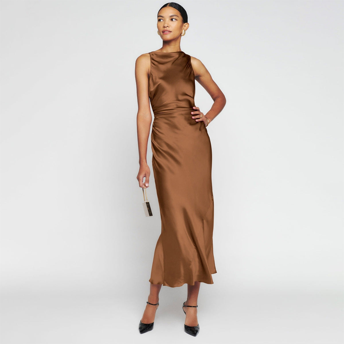 Cowl Neck Satin Bias Cut Sleeveless Column Maxi Dress