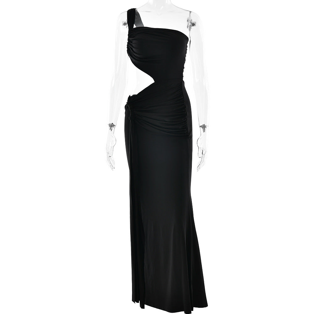One Shoulder Triangular Cutout Ruched Hip Twist Drape Maxi Dress