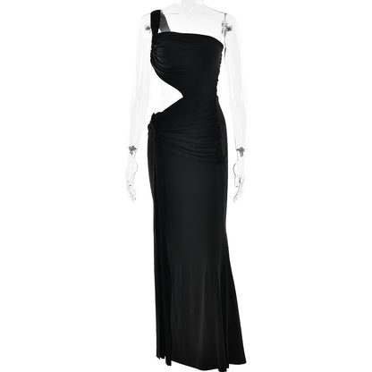 One Shoulder Triangular Cutout Ruched Hip Twist Drape Maxi Dress