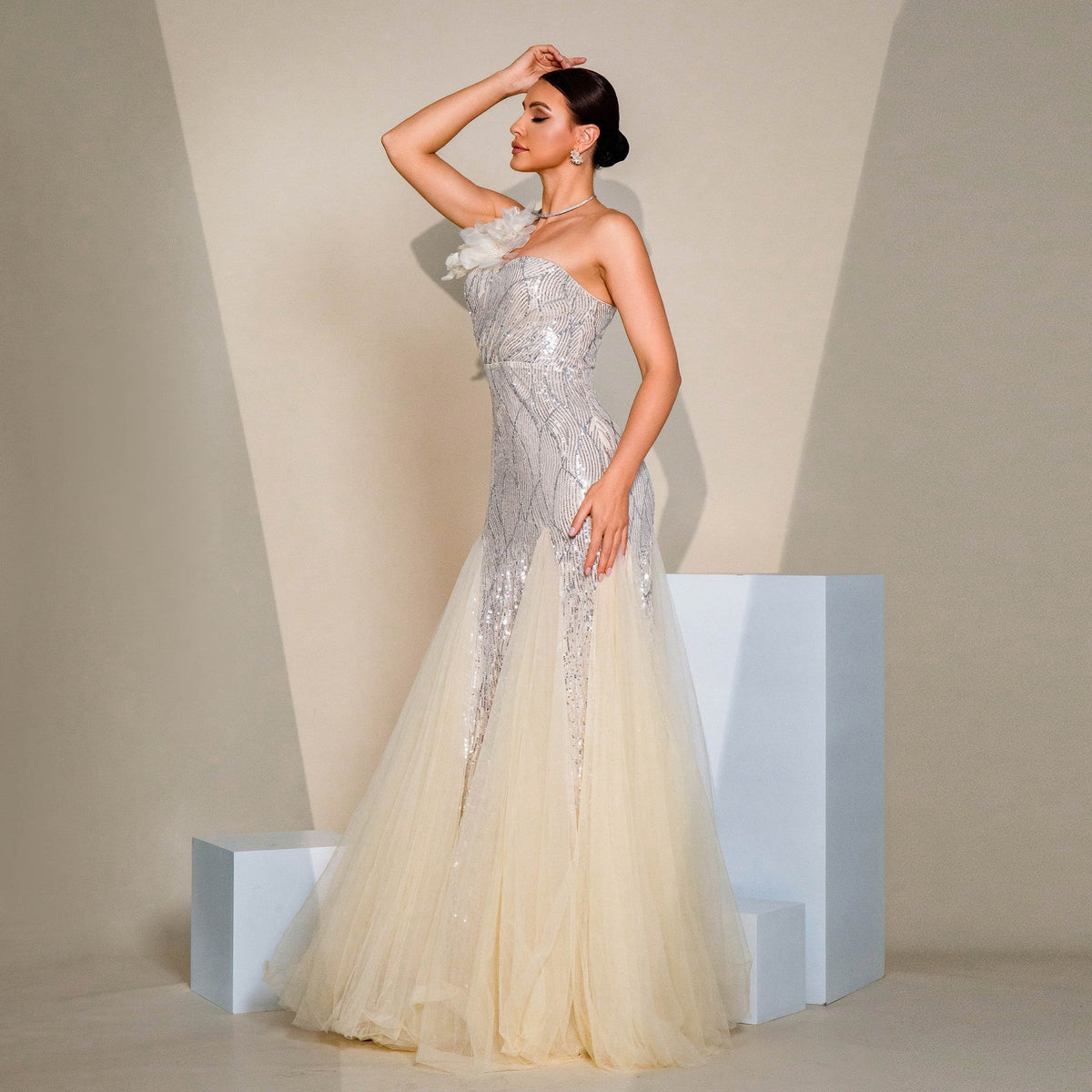 One Shoulder Rosette Applique Sequin Drop Waist Tulle Skirt Maxi Gown