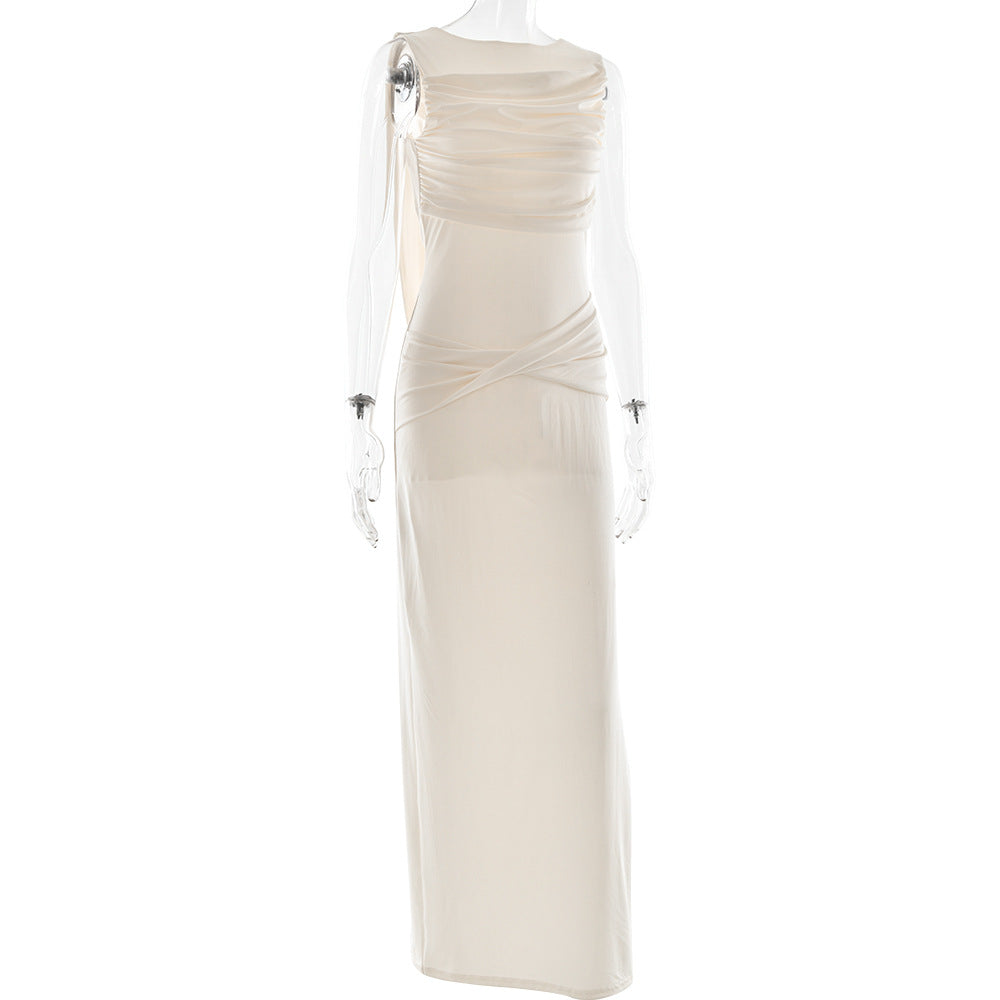Boat Neck Ruched Bodice Twisted Drape Column Maxi Gown