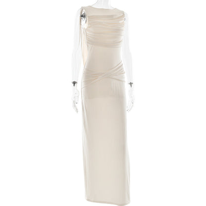 Boat Neck Ruched Bodice Twisted Drape Column Maxi Gown