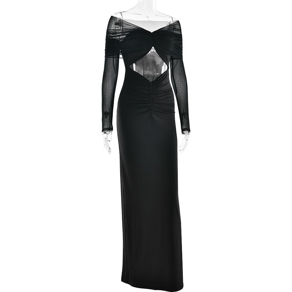 Off Shoulder Mesh Sleeve Diamond Cutout Ruched Column Maxi Gown