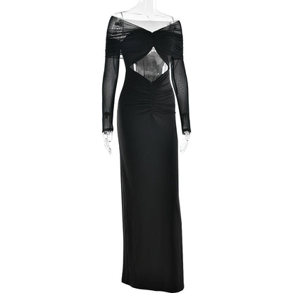 Off Shoulder Mesh Sleeve Diamond Cutout Ruched Column Maxi Gown