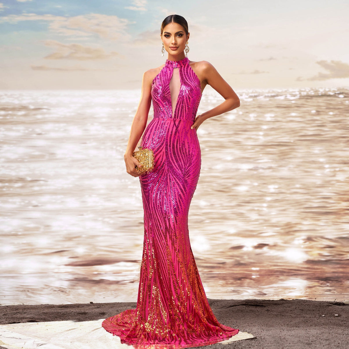 Halter Keyhole Plunge Sequin Wave Stripe Mermaid Floor Length Gown