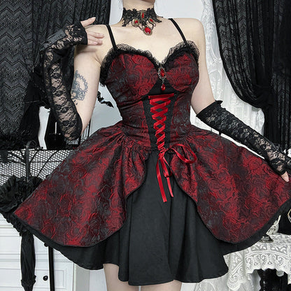 Sweetheart Lace Up Corset Jacquard Layered Mini Dress