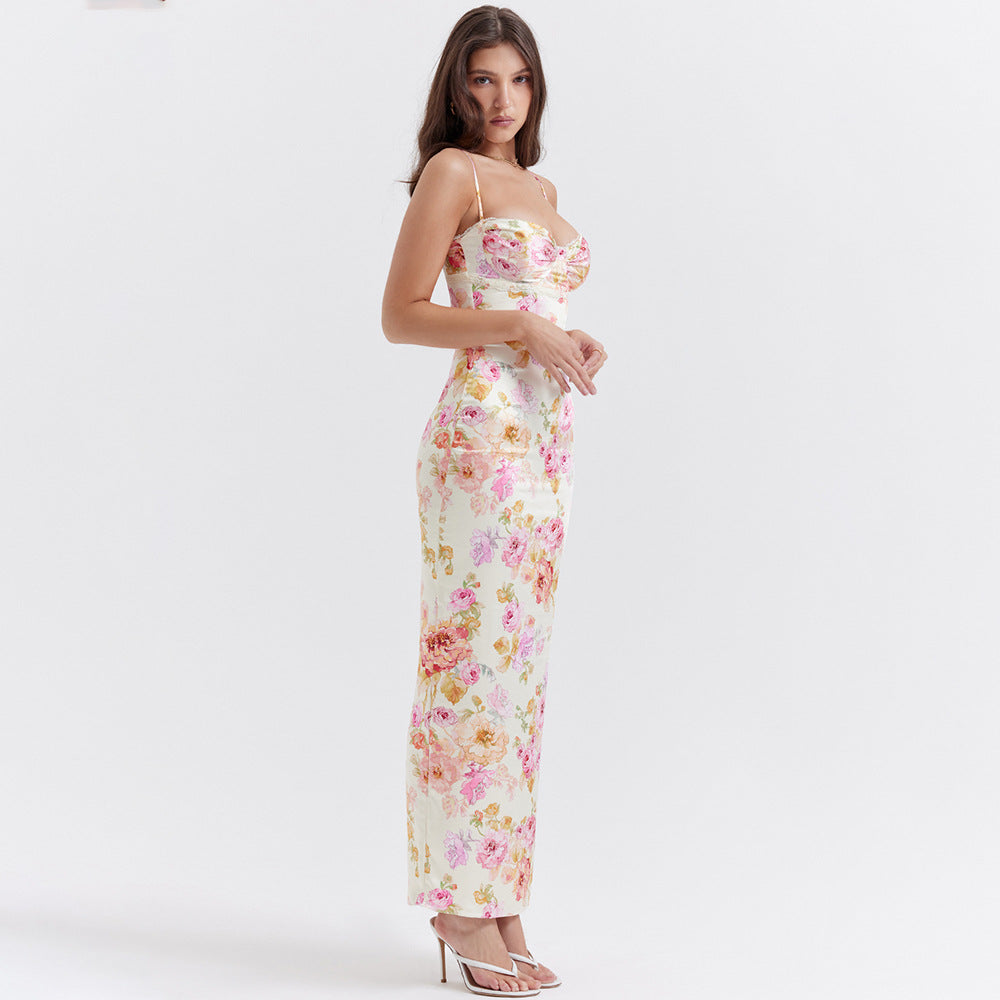 Sweetheart Bustier Spaghetti Strap Floral Print Bodycon Maxi Dress