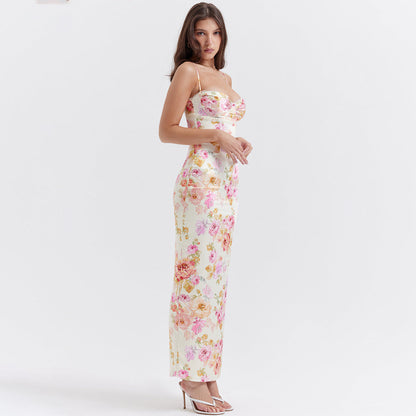 Sweetheart Bustier Spaghetti Strap Floral Print Bodycon Maxi Dress