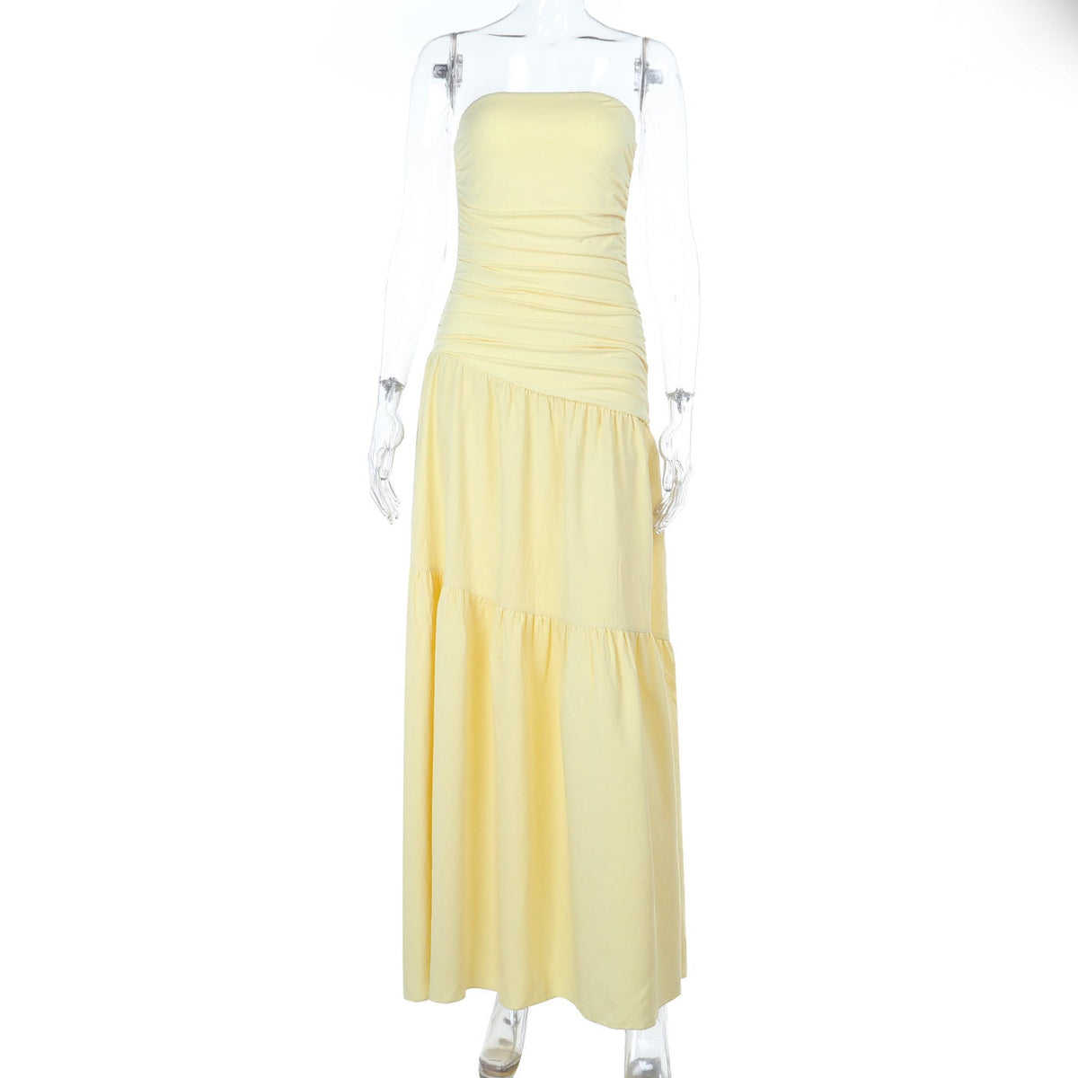 Strapless Ruched Bodice Tiered A-Line Maxi Dress
