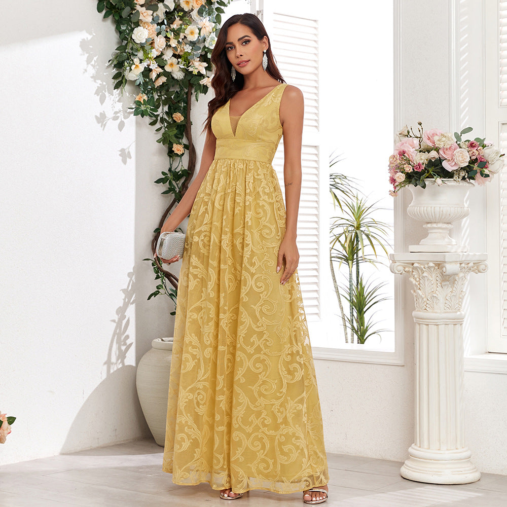 Double V Neck Sleeveless Scroll Lace Embroidered Empire Waist Maxi Gown