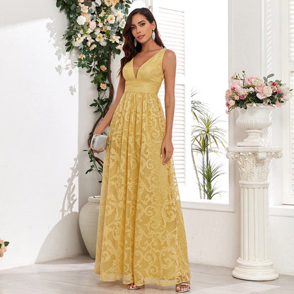 Double V Neck Sleeveless Scroll Lace Embroidered Empire Waist Maxi Gown