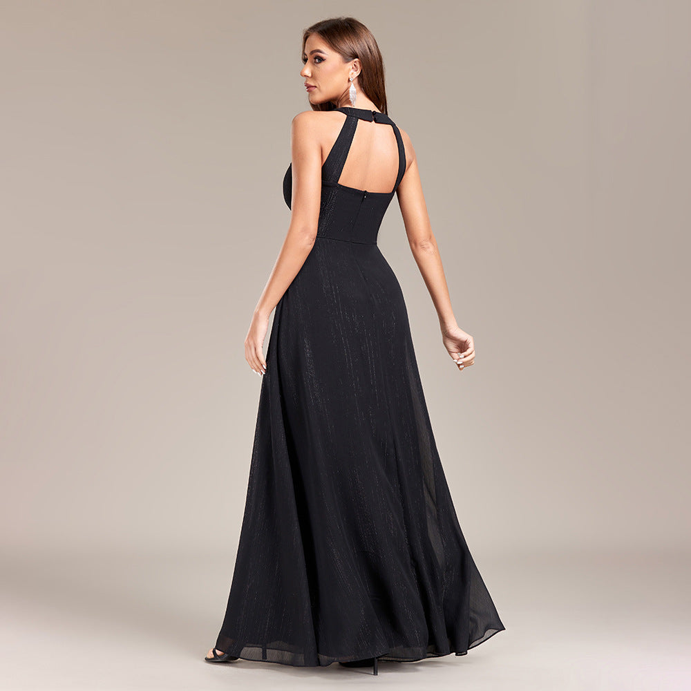 Halter Neck Pleated Bodice High Waist A-Line Floor Length Gown