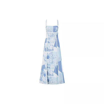 Square Neck Spaghetti Strap Tile Print Crochet Trim Maxi Dress