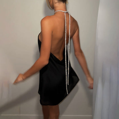 Pearl Strap Halter Neck Satin Shift Mini Dress