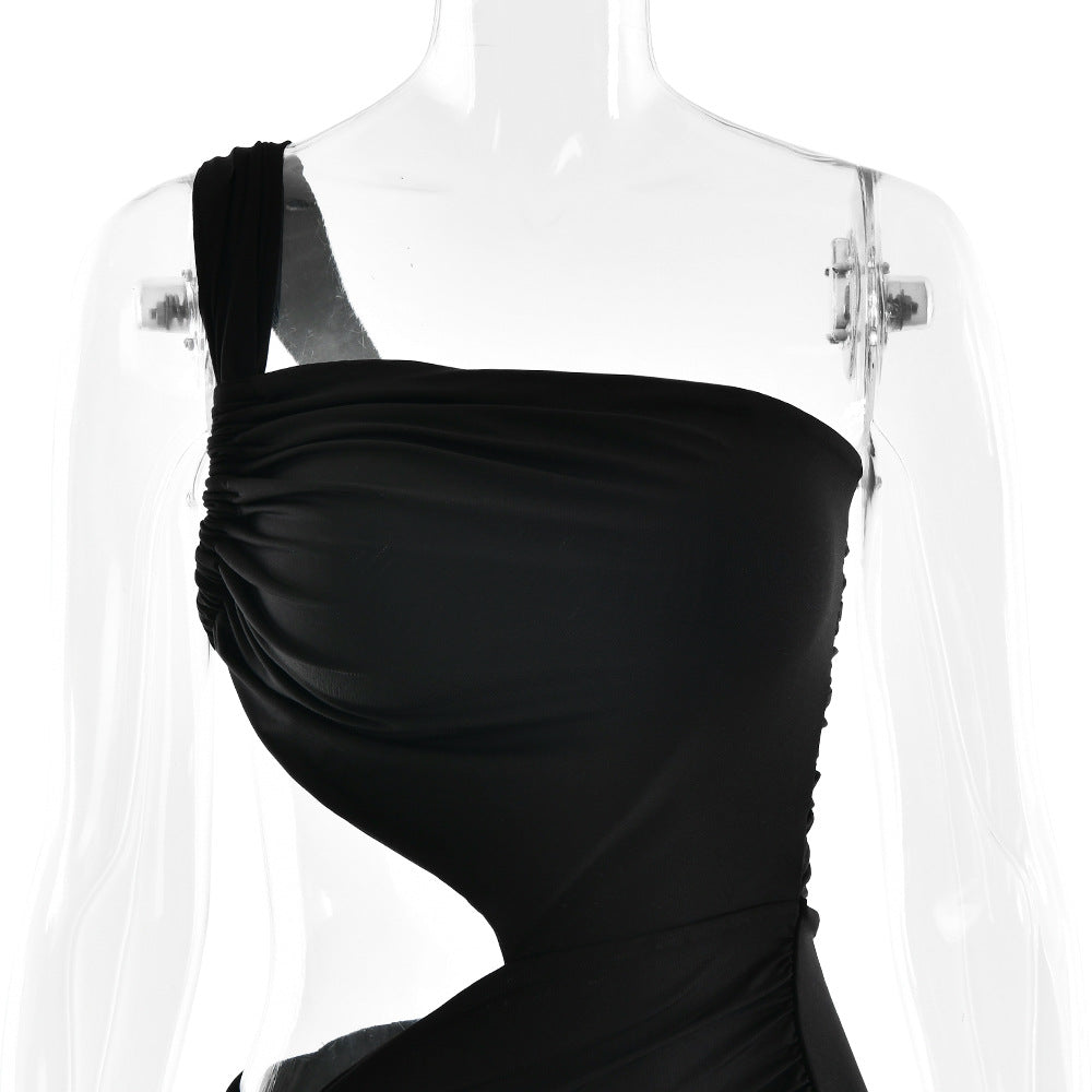 One Shoulder Triangular Cutout Ruched Hip Twist Drape Maxi Dress