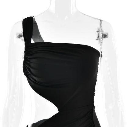One Shoulder Triangular Cutout Ruched Hip Twist Drape Maxi Dress