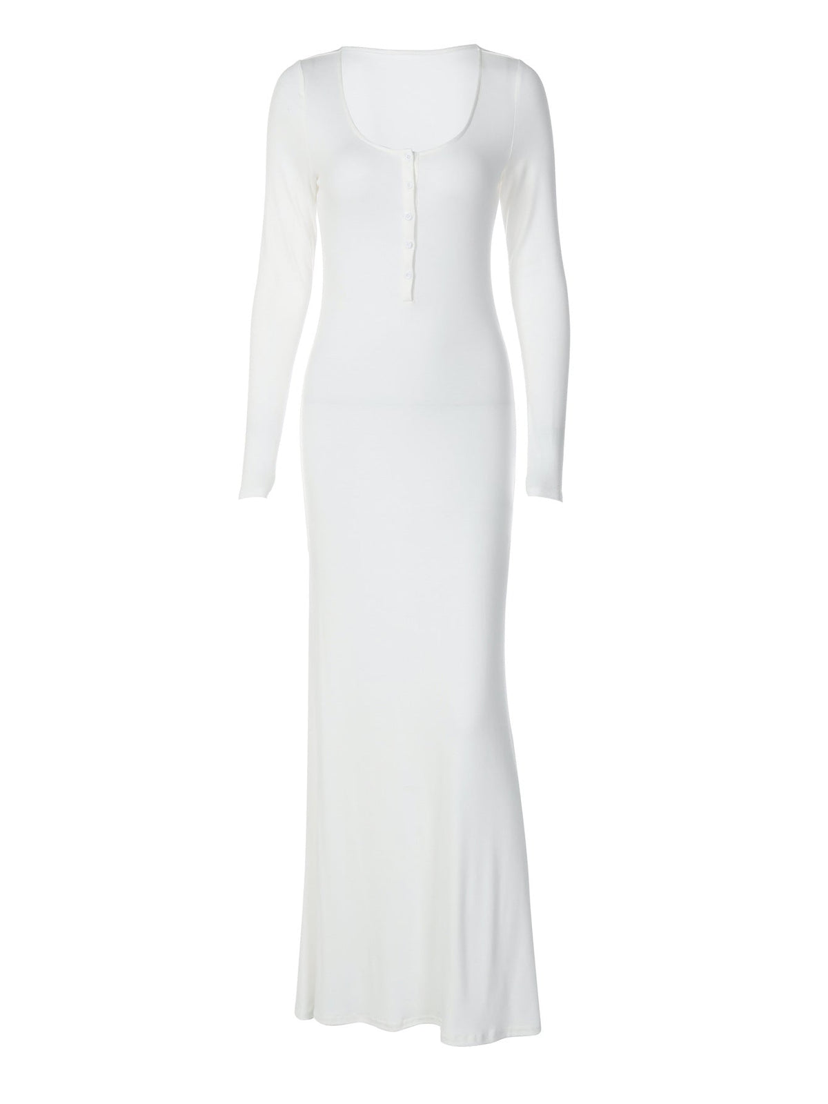 Scoop Neck Henley Button Long Sleeve Bodycon Maxi Dress