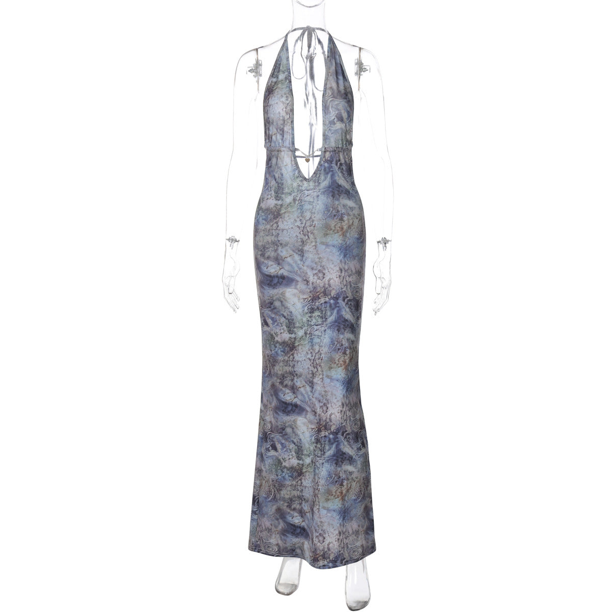 Halter Plunging V-Neck Rhinestone Floral Print Mermaid Maxi Gown