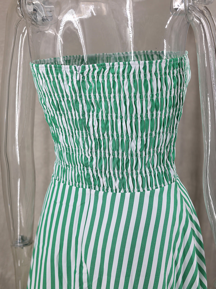 Strapless Shirred Striped Flowy Maxi Dress