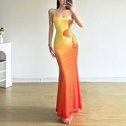 Ombre Print Square Neck Contrast Trim Backless Cami Midi Dress