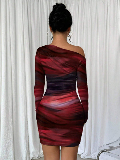 Stitch Sheer Mesh See Through Abstract Off Shoulder Mini Dress
