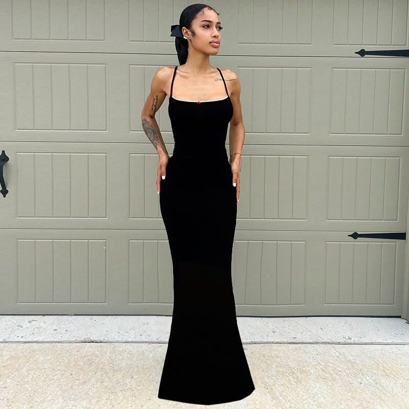 Spaghetti Strap Contrast Trim Heart Charm Mermaid Bodycon Maxi Dress
