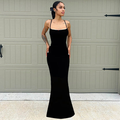 Spaghetti Strap Contrast Trim Heart Charm Mermaid Bodycon Maxi Dress