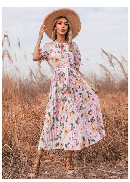 V Neck Button Front Textured Floral Tiered Ruffle Midi Dress