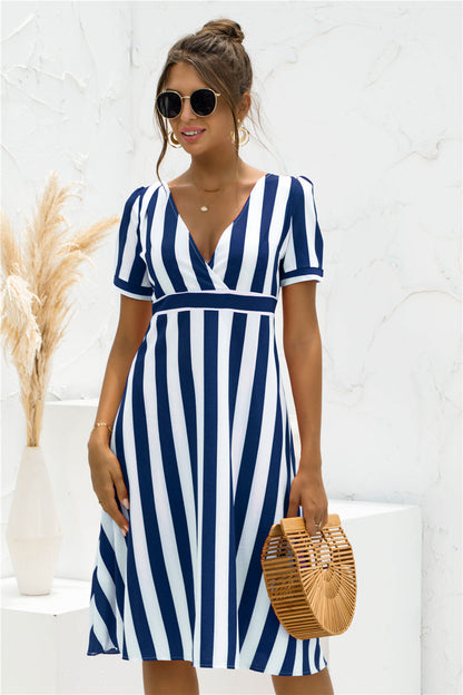 Surplice V Neck Short Sleeve Vertical Stripe Midi Dress