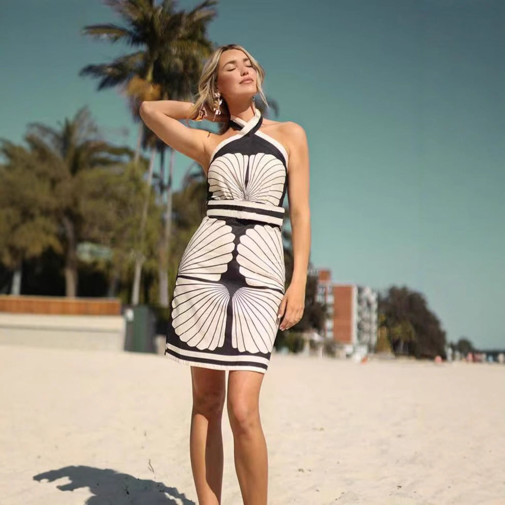 Cross Halter Seashell Print Bodycon Mini Dress