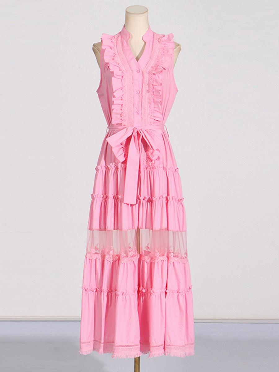 Button Front Ruffle Tiered Sleeveless Maxi Dress