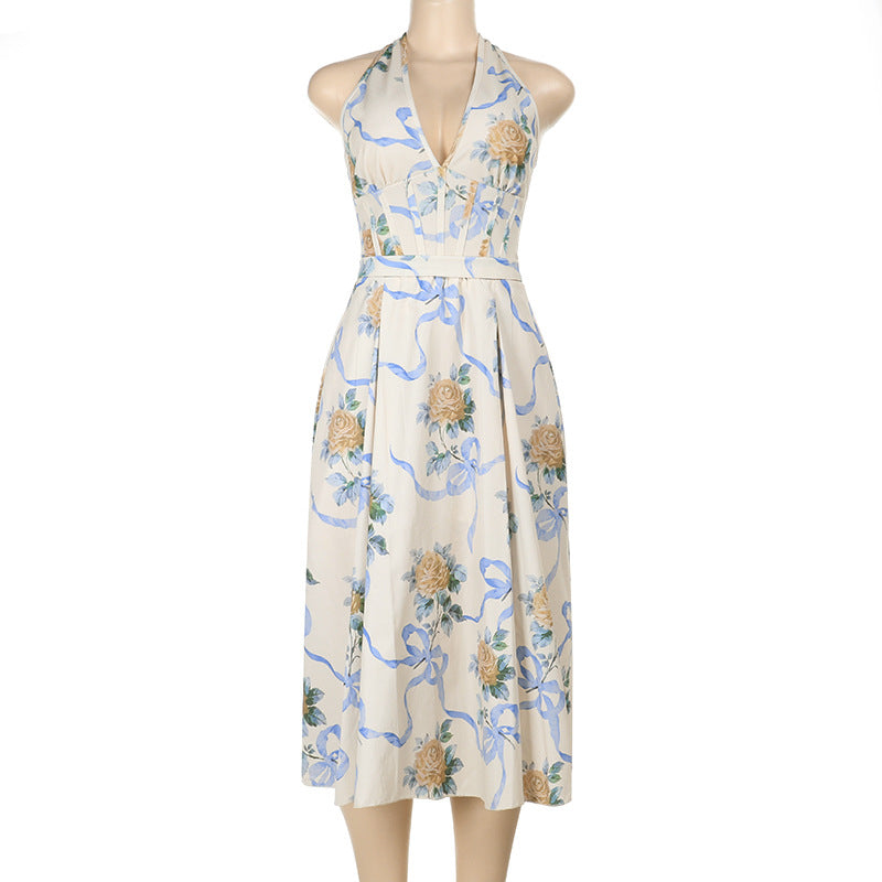 Halter Corset Ribbon Print Belted A-Line Midi Dress