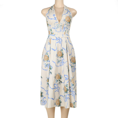 Halter Corset Ribbon Print Belted A-Line Midi Dress