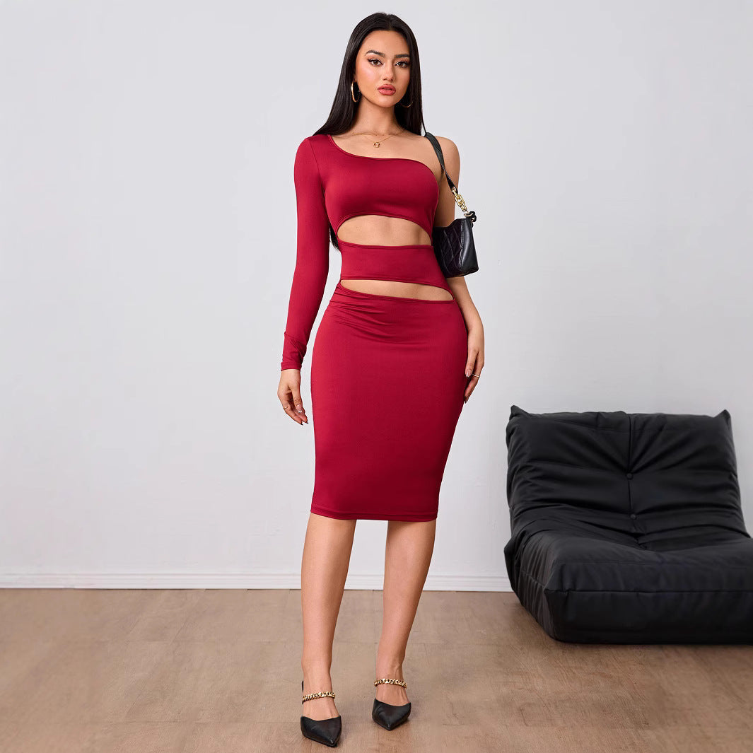 One Shoulder Long Sleeve Waist Cutout Bodycon Midi Dress