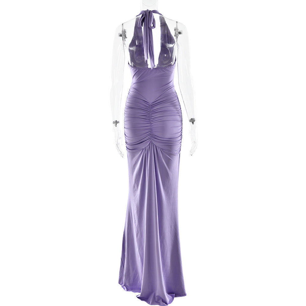 Halter Deep V Ruched Bodice Center Panel Drape Jersey Maxi Gown