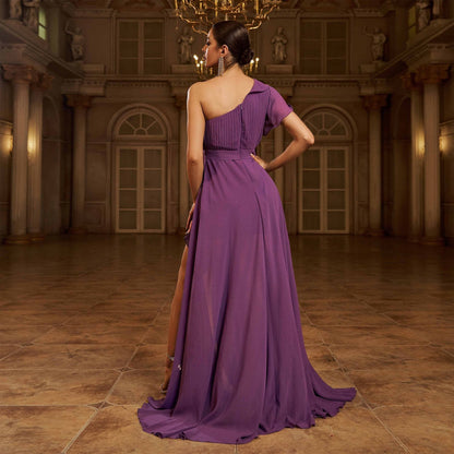 One Shoulder Ruffle Trim Pleated Chiffon Thigh Slit Maxi Gown