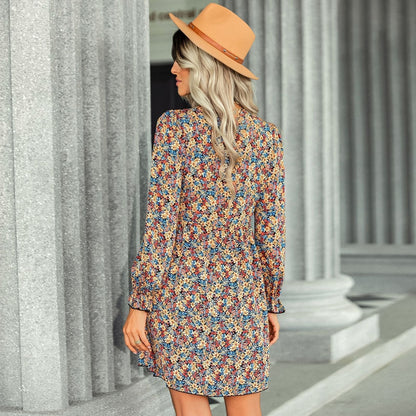 V Neck Ditsy Floral Ruffle Cuff Empire Waist Mini Dress